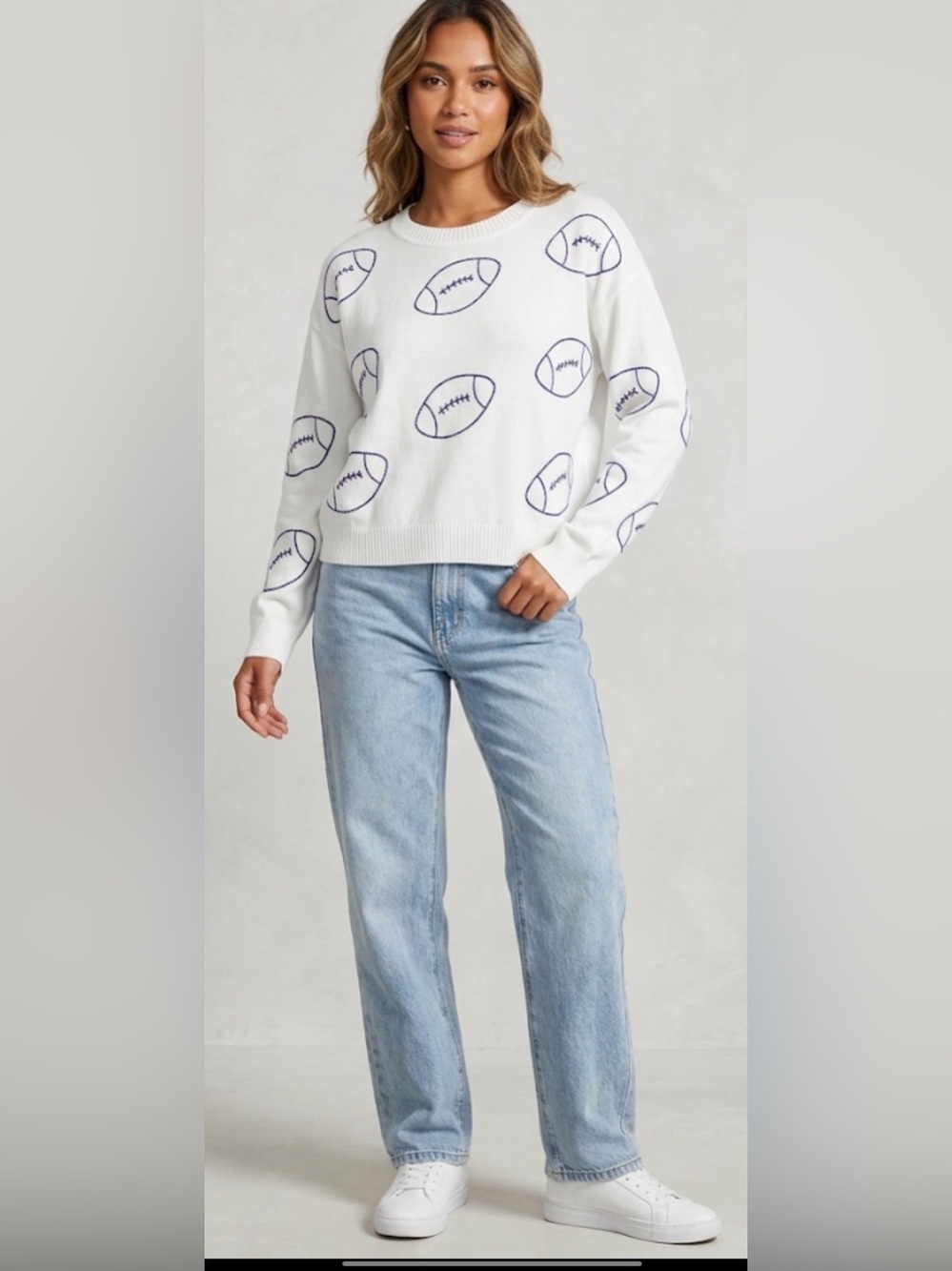 Ring Street White Crewneck Sweater with All-Over Purple Football Line Art